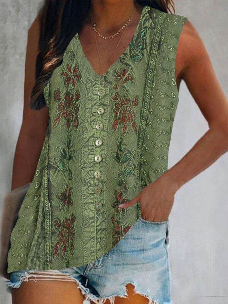 Sage green tank top with floral print and button placket