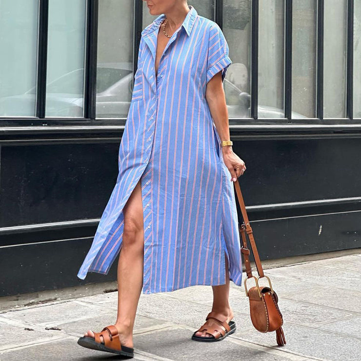 Fresh short sleeve striped midi dress