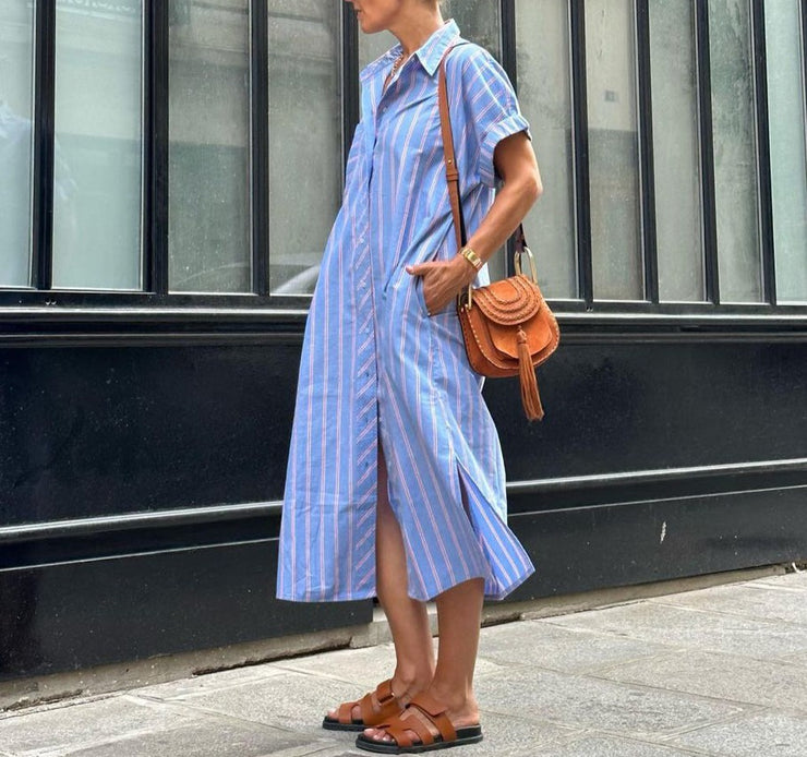 Fresh short sleeve striped midi dress