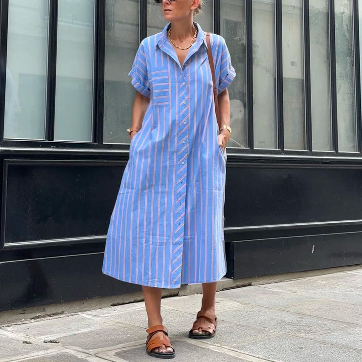 Fresh short sleeve striped midi dress