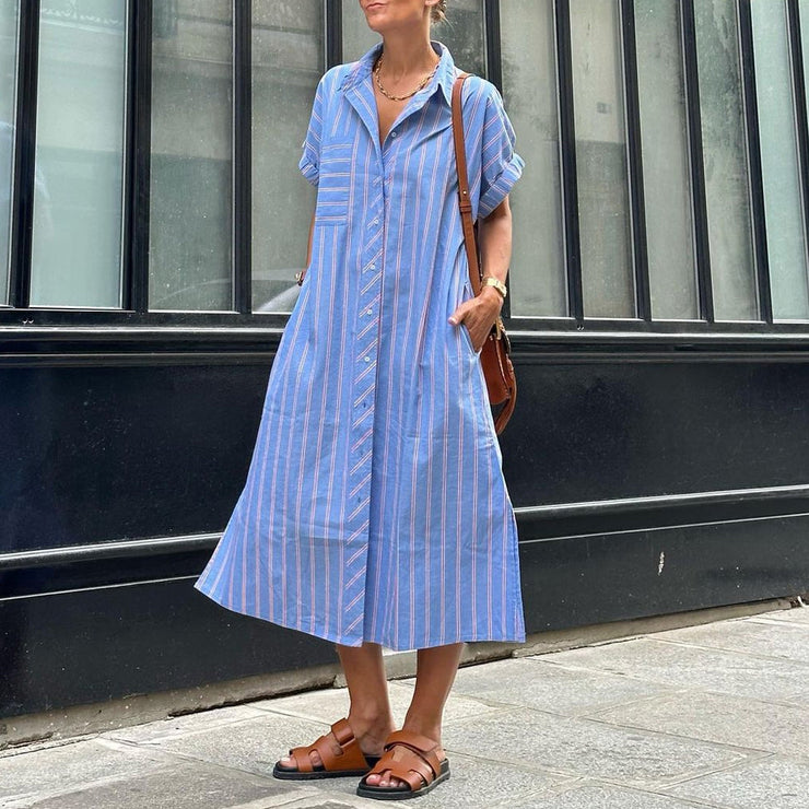 Fresh short sleeve striped midi dress