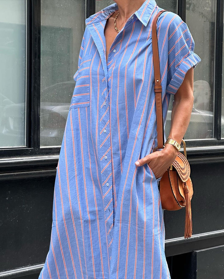 Fresh short sleeve striped midi dress