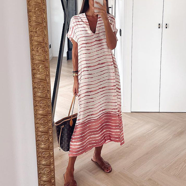 Pink striped midi dress with short sleeves