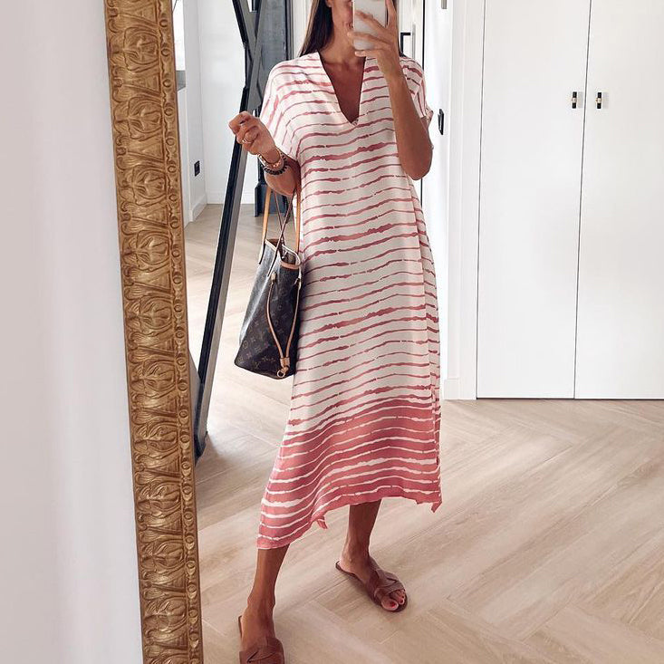 Pink striped midi dress with short sleeves