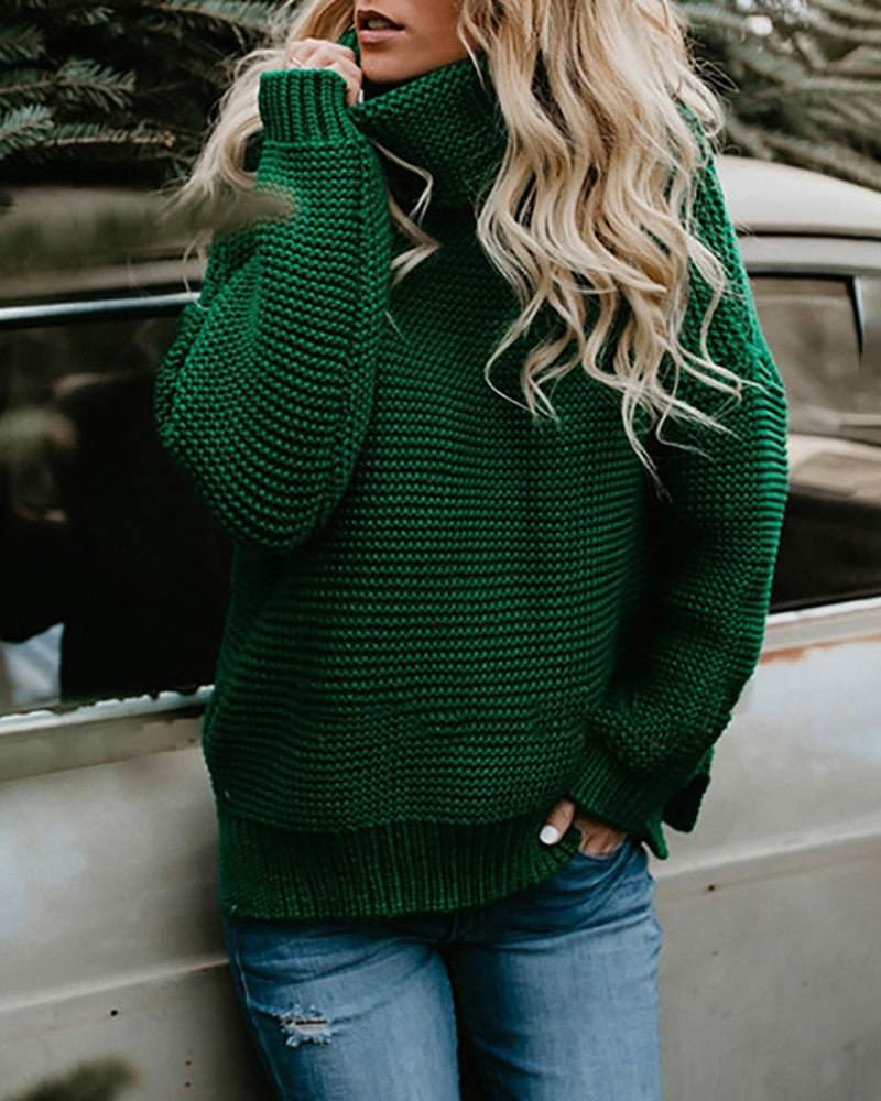 Knitted sweater with stand-up collar and long sleeves