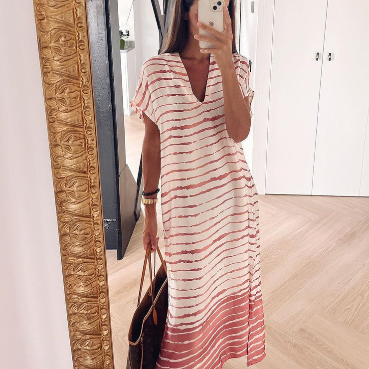 Pink striped midi dress with short sleeves