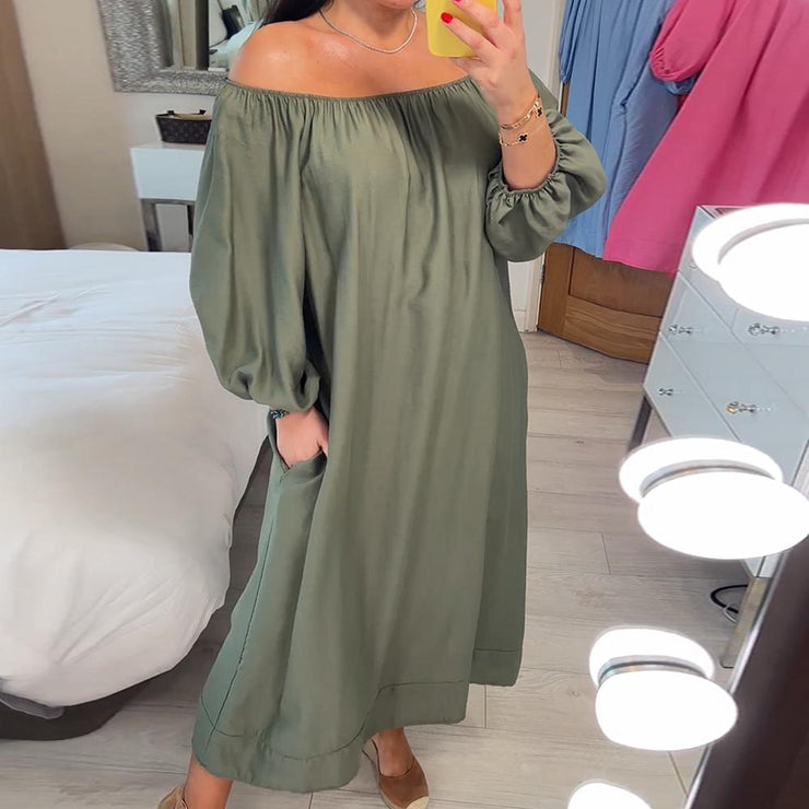 Baggy Green Solid Color Off Shoulder Maxi Dress