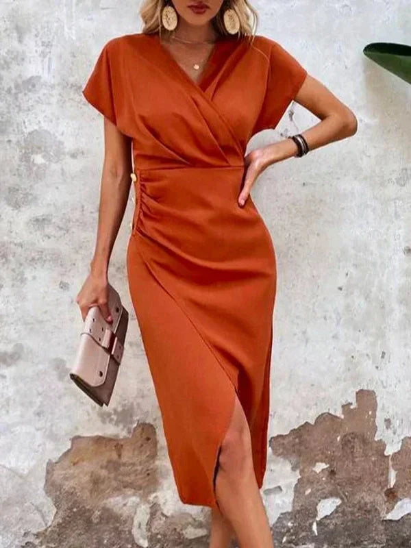 Orange Solid Color V Neck Midi Dress