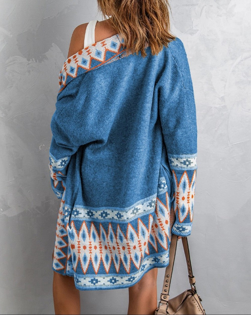 Blue long sleeve cardigan with print