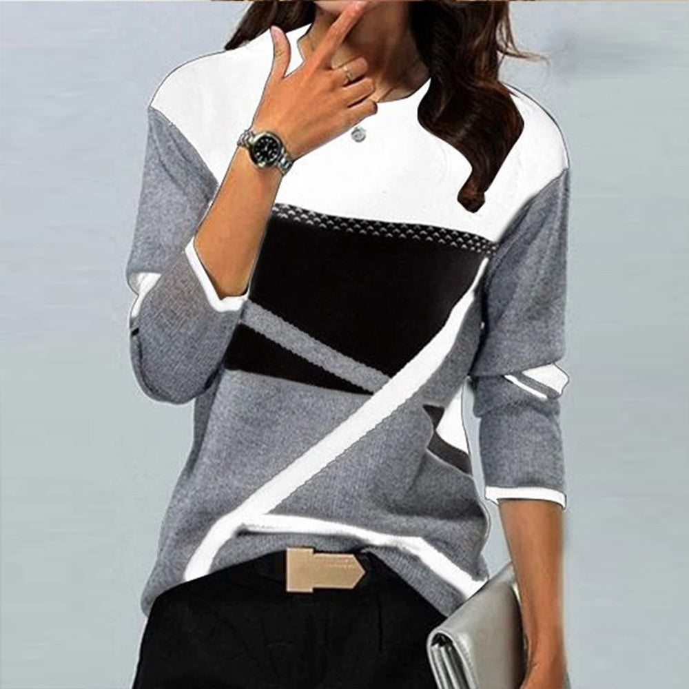 Broken Glass White and Grey Color Block Top with Long Sleeves