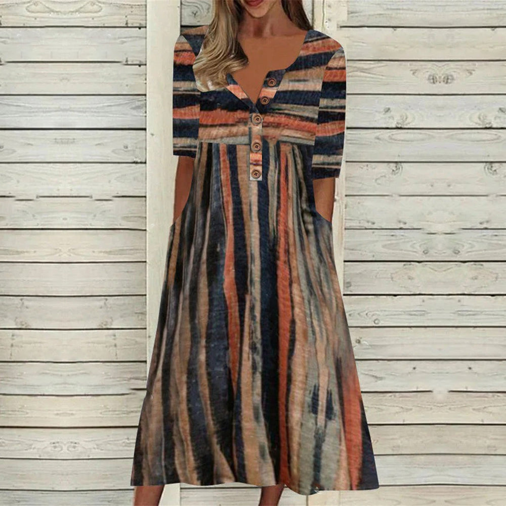 Retro Rustic midi dress with vertical stripes and button placket