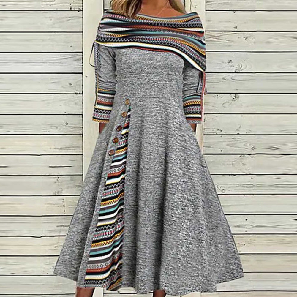 Grey round neck midi dress with Guatemalan pattern