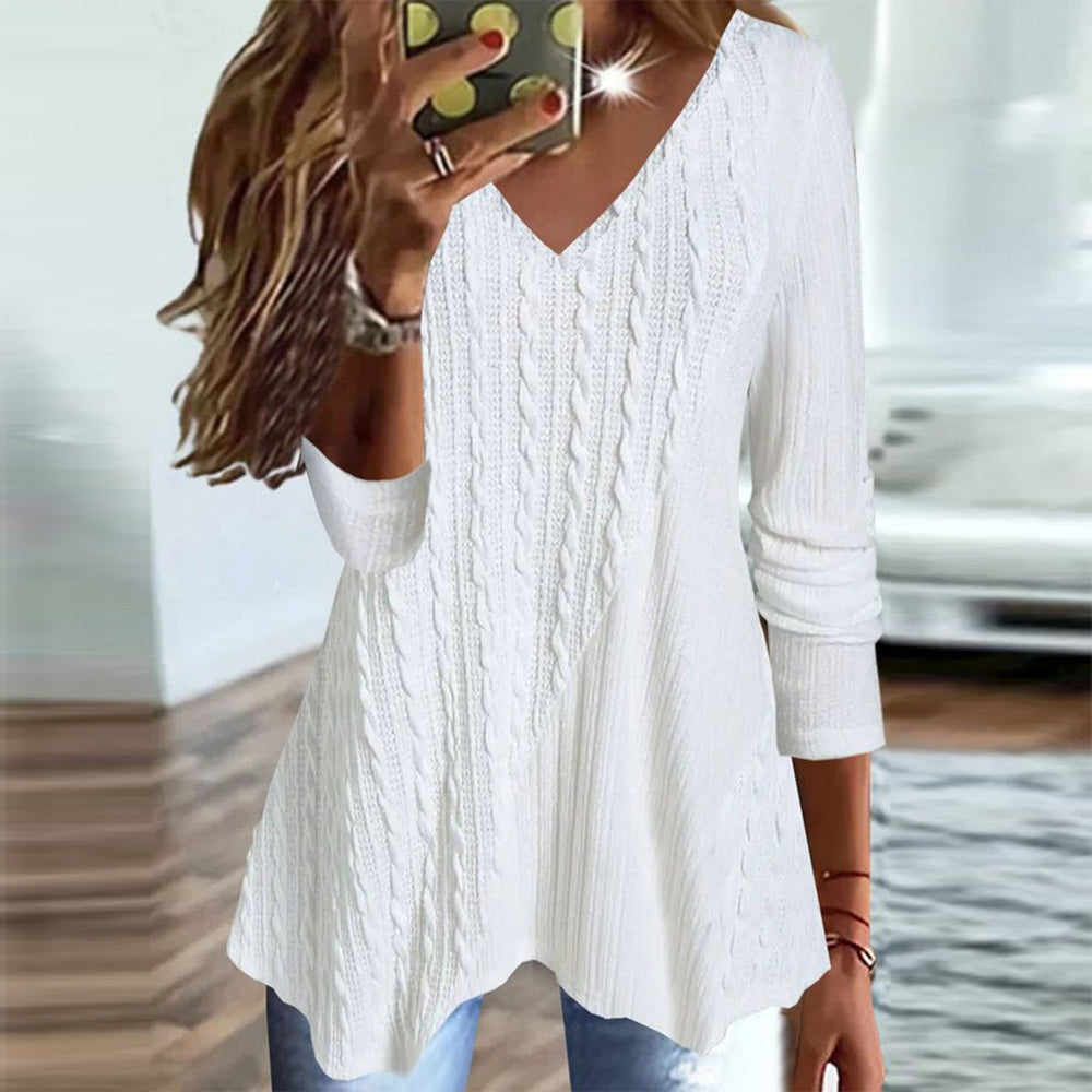 Groovy White Solid Color V Neck Sweater