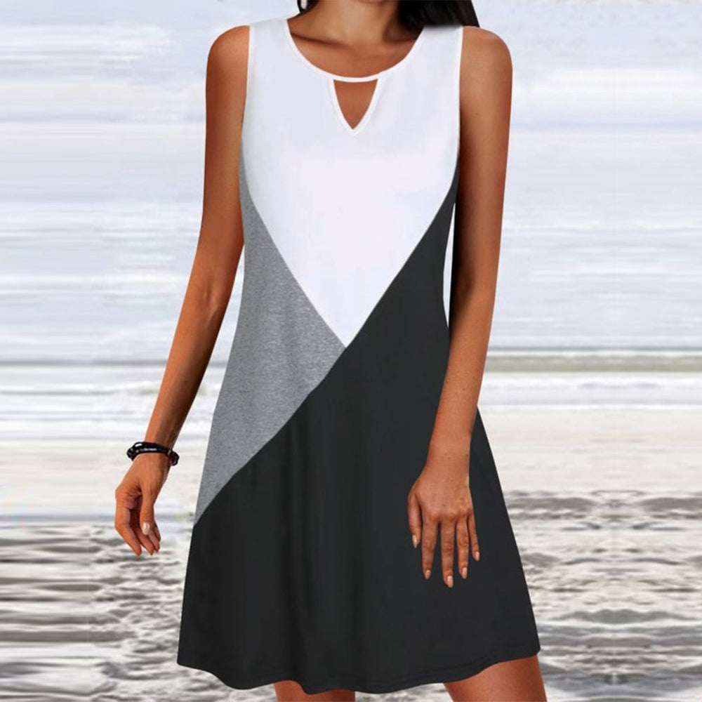 Sleeveless Keyhole Mini Dress in Black and White with Color Block