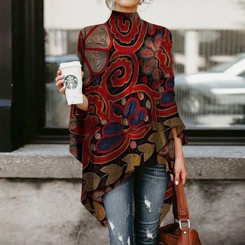 Red gold wreath print tunic top in oversize