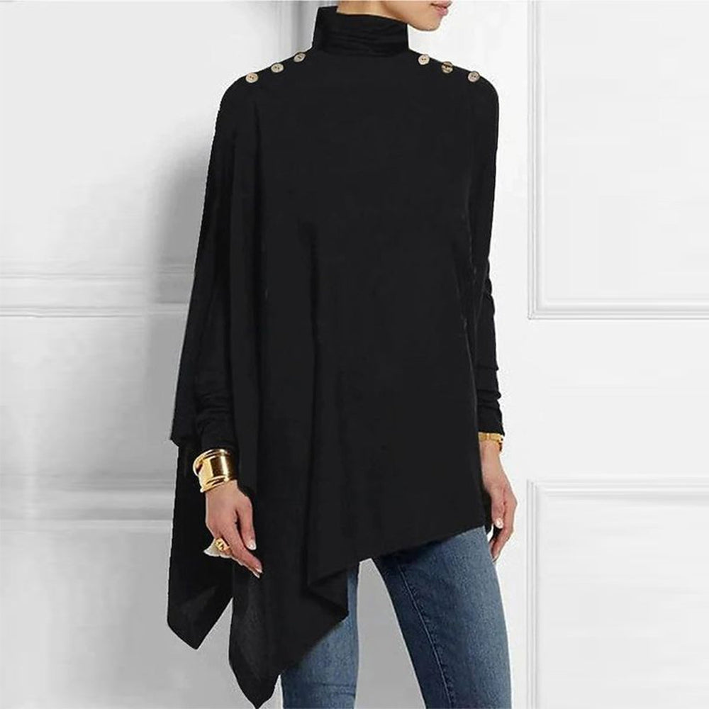 Black asymmetrical tunic top with buttons on the shoulders