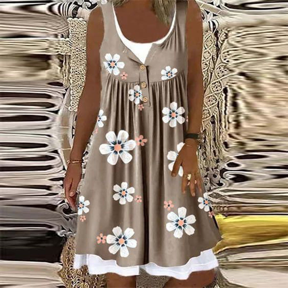 Retro Flower Coffee Brown Button placket Twofer dress