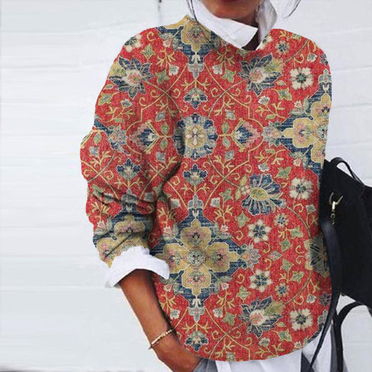 Autumn Floral Print Round Neck Long Sleeve Top