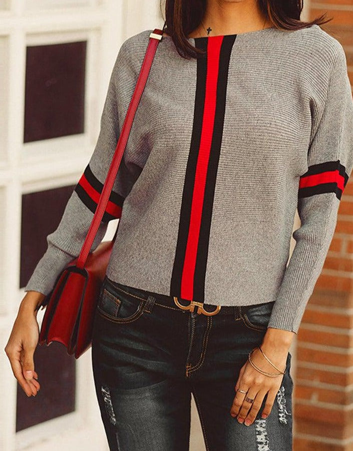 Boston Red Striped Grey Dolman Sweater