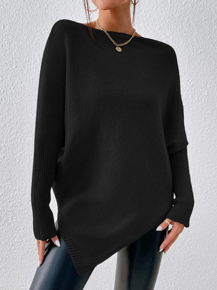 Plain black long sleeve sweater with round neck