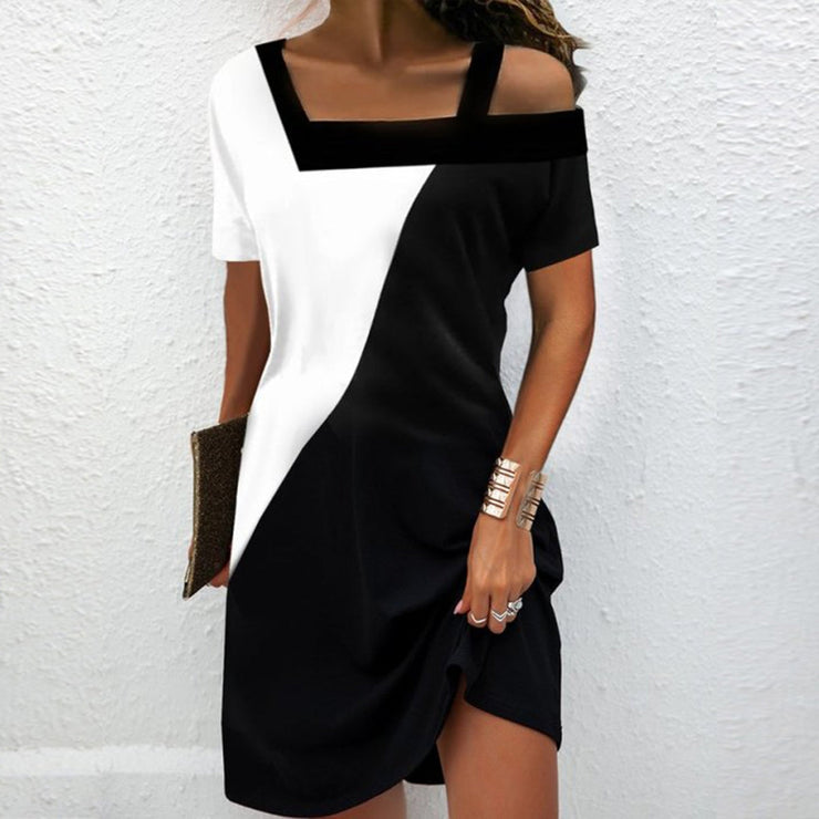 Black and white asymmetrical mini dress with cold shoulders and color block