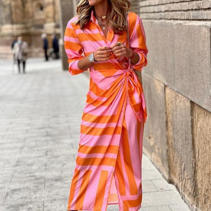 Cremesicle Stripe Wrapped Tie Waist Midi Dress