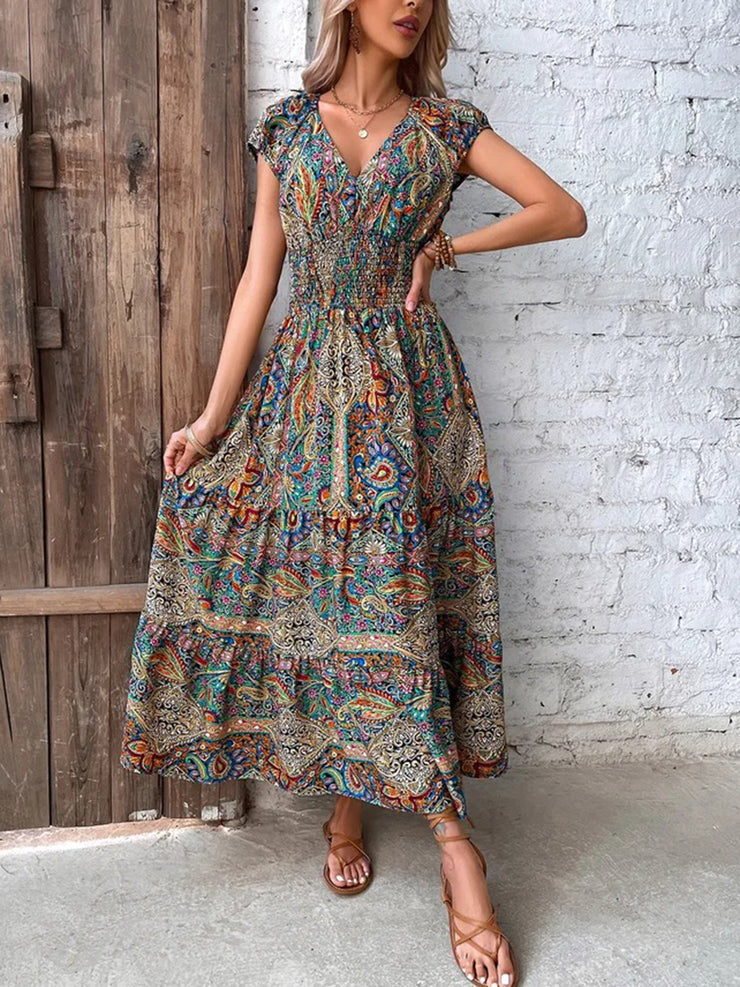 Colorful Paisley Ruffled Waist Long Summer Dress