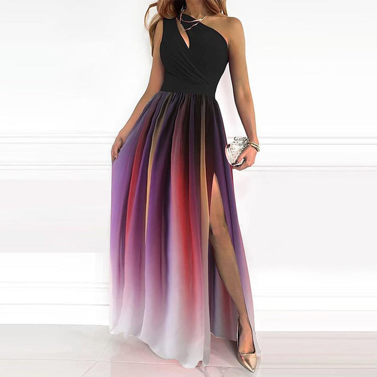 One Shoulder Neckline Ombre Pleated Maxi Dress