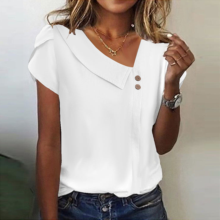 Asymmetrical top with fold-down collar and button placket