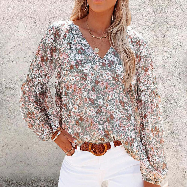 Colorful Mini Flower Pattern Long Sleeve Blouse Top