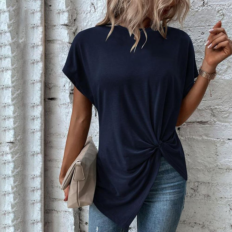 Navy blue shirt with short sleeves and front knots