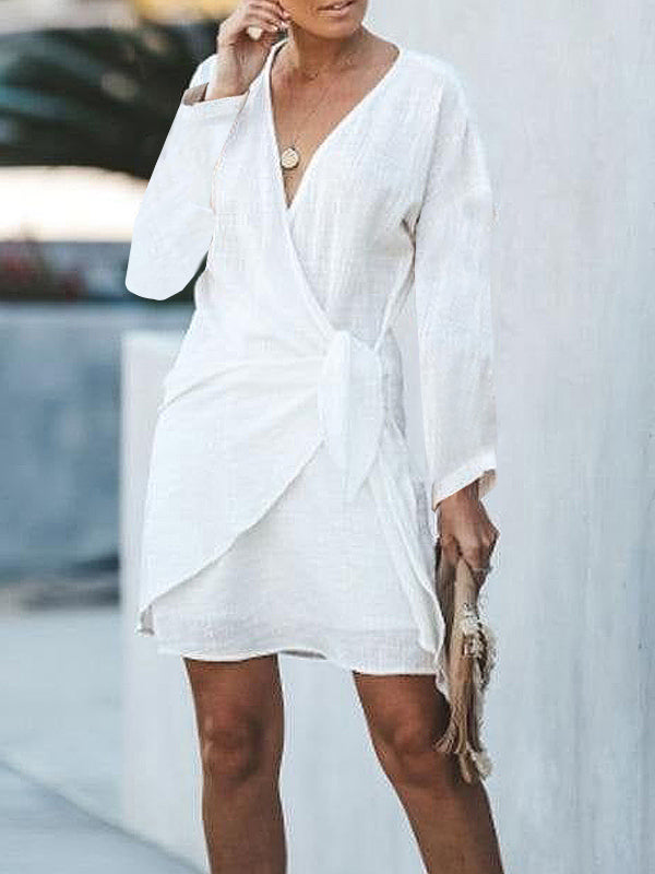 White Long Sleeve Tie Side Wrap Summer Mini Dress