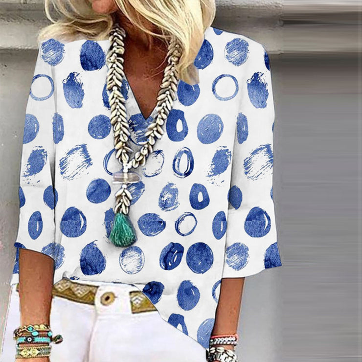 Abstract Blue Dotted White Tunic Top With V Neck