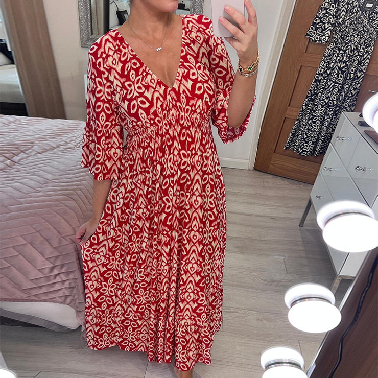 Red mosaic print maxi dress with 3/4 sleeves