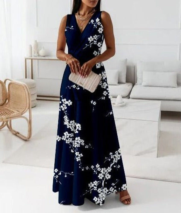 Navy blue sleeveless maxi dress with floral print