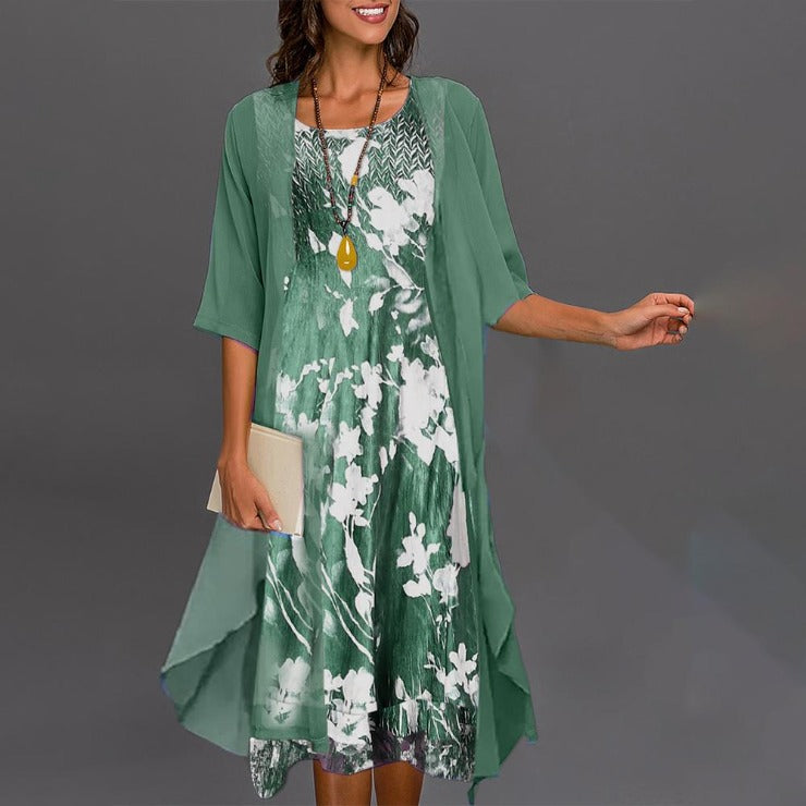 Green two-piece dress with floral pattern