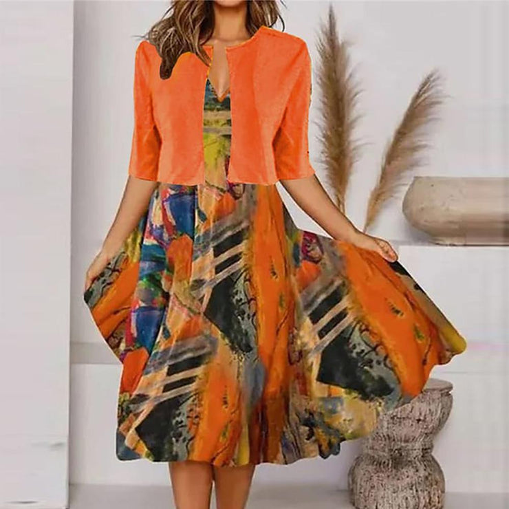 Orange midi dress with half sleeves and V-neck