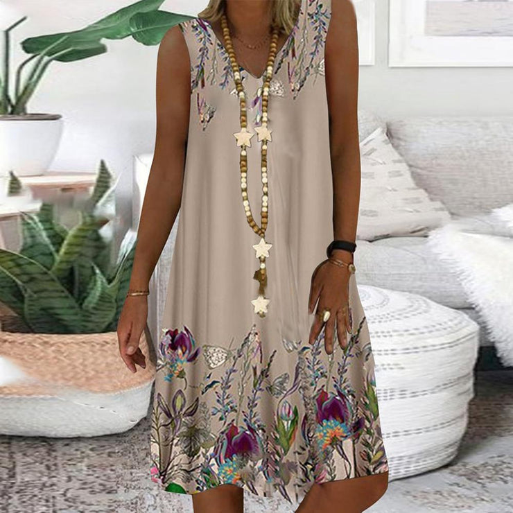 Trendy Sleeveless Coffee Mini Dress With Print