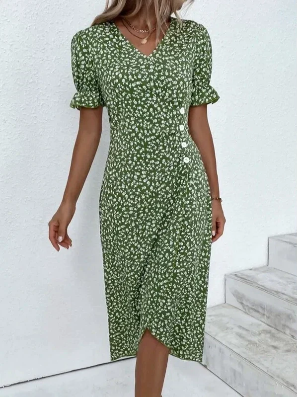 Fresh short sleeve green midi dress