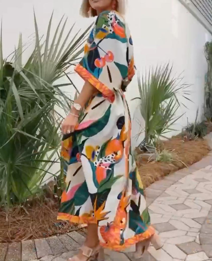 Orange maxi dress with 3/4-length sleeves