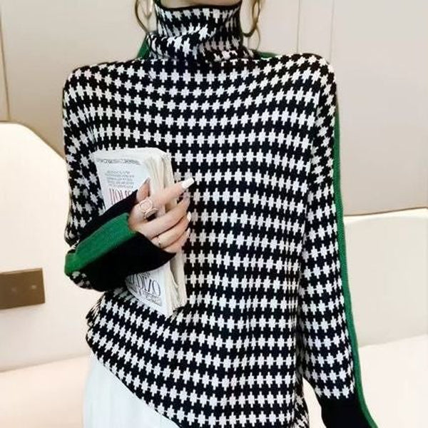 Green striped sweater with black and white diamond pattern