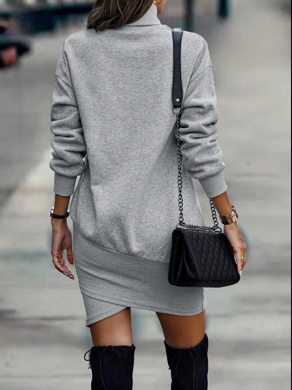 Grey Asymmetrical Long Sleeve Mini Dress With High Neckline