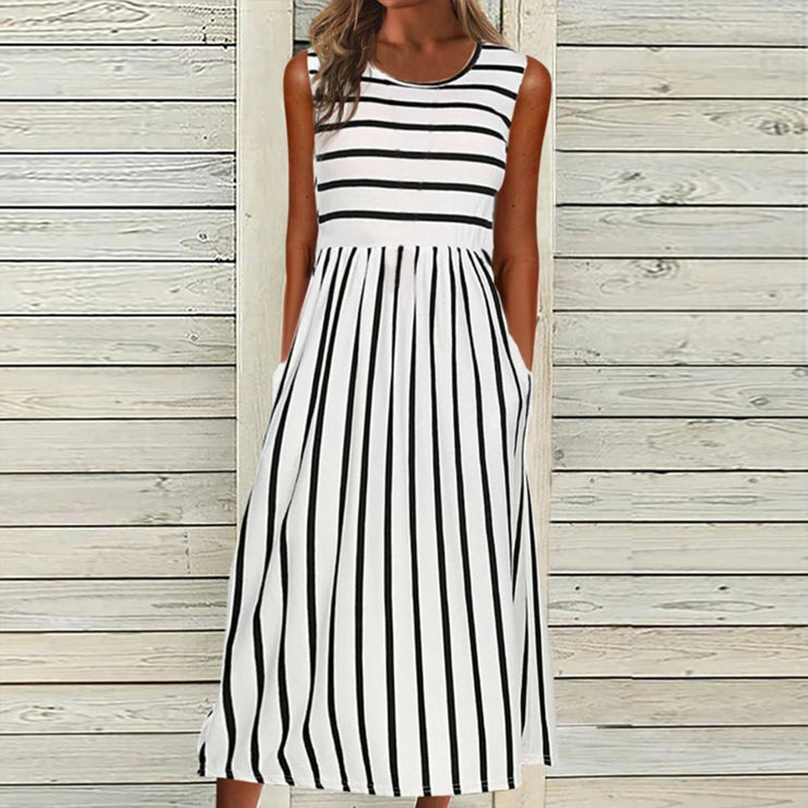 Black and white striped sleeveless midi dress with side pockets