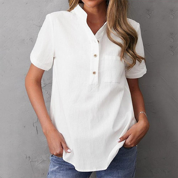 Plain white short sleeve top with button placket