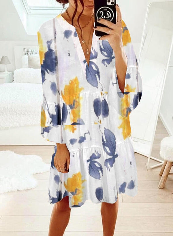 Yellow Blue Summer Print White Striped Midi Dress