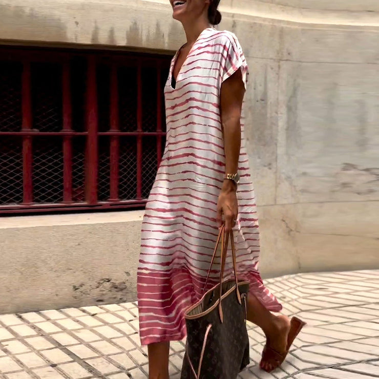 Pink striped midi dress with short sleeves