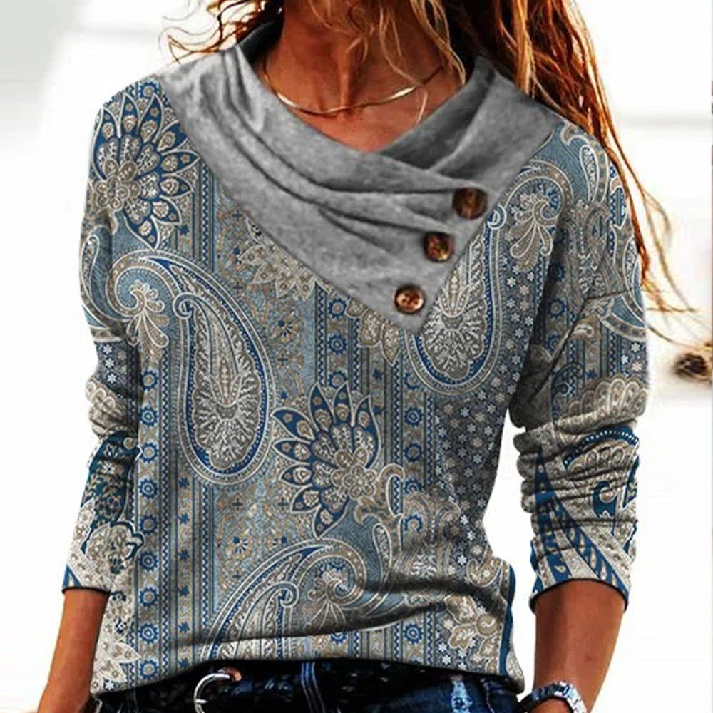 Blue paisley top with grey turn-over collar and long sleeves