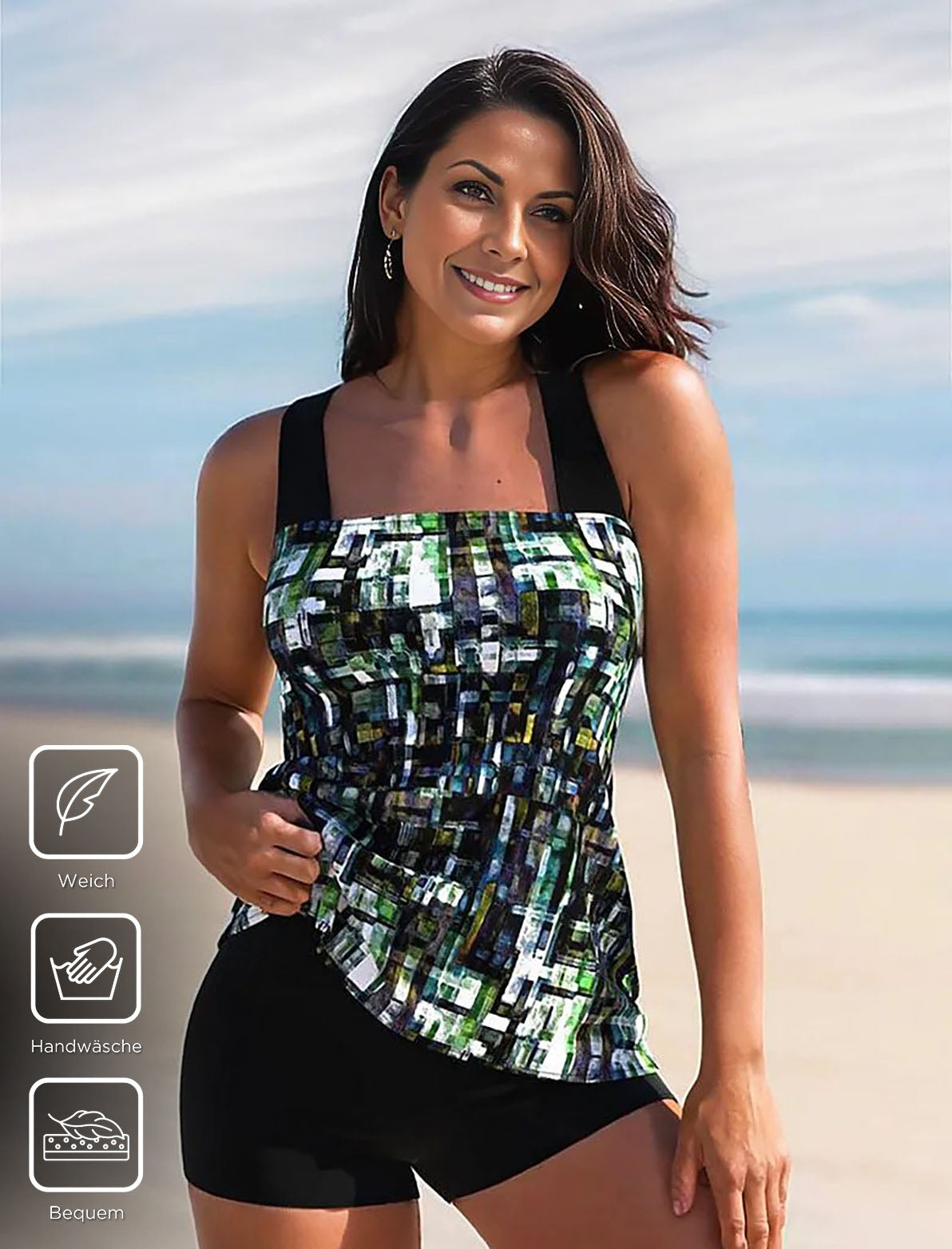 Green White Geo Print Shorts Top Swimsuit Tankini