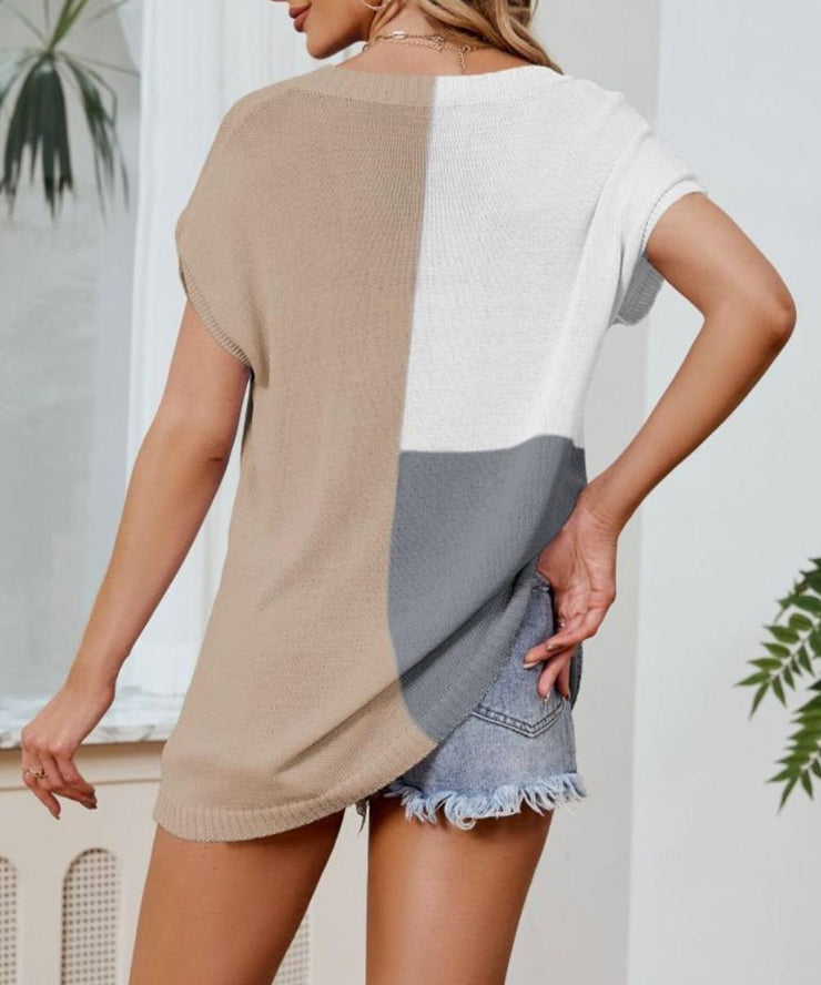 Unique color block sweater with short sleeves