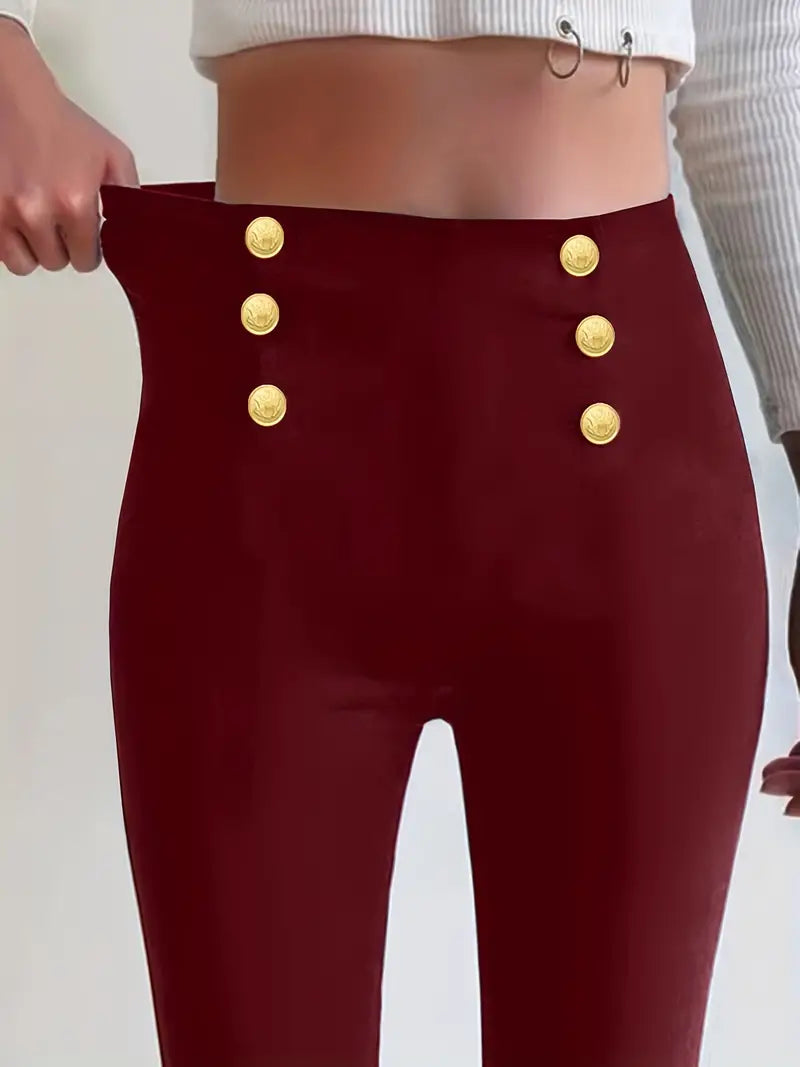 High Waist Gloss Red Button Detail Elegance Pants